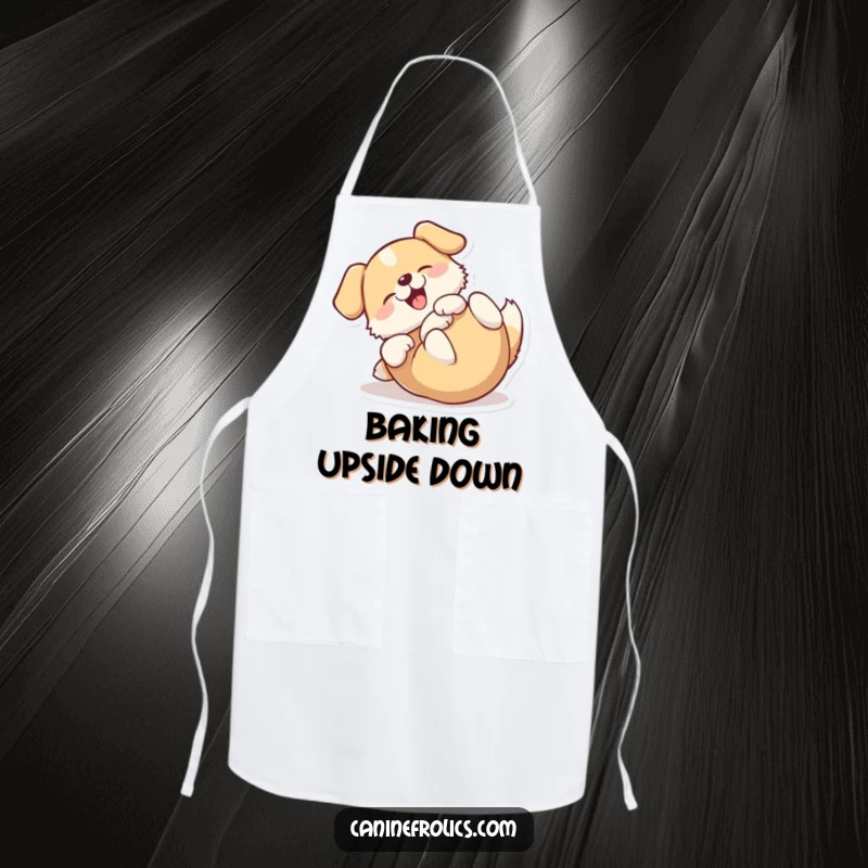 Funny apron featuring a dog happily rolling on its back, ready for kitchen adventures and fun.