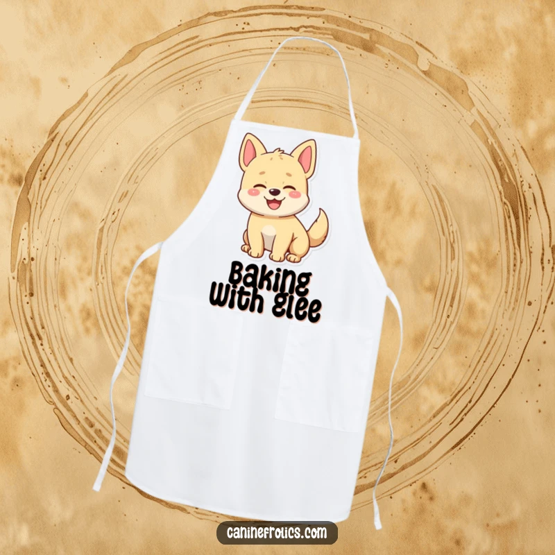 Funny apron showcasing a happy dog character with an excessively wagging tail, ready to bring cheer to the kitchen.