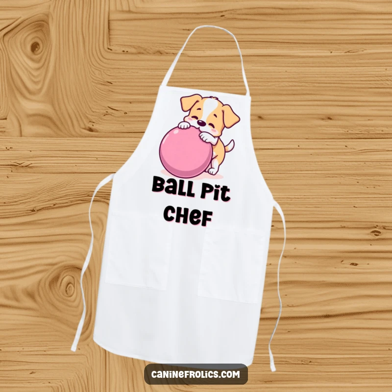 Funny dog apron showing a playful dog nudging a huge ball, perfect for kitchen activities and bringing humor.