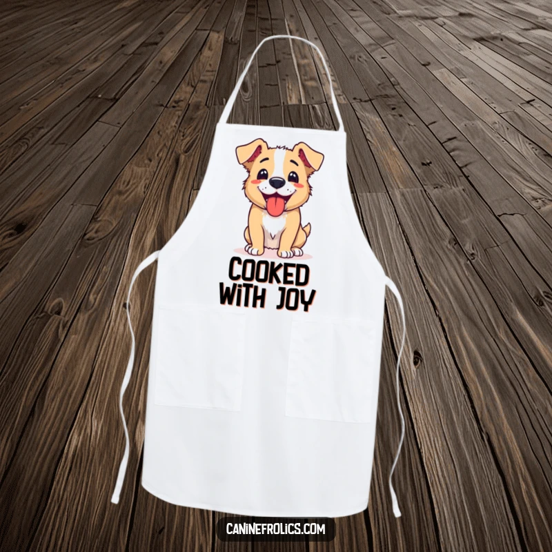 Funny apron featuring a dog panting contentedly with its tongue out, symbolizing a job well done after kitchen fun.