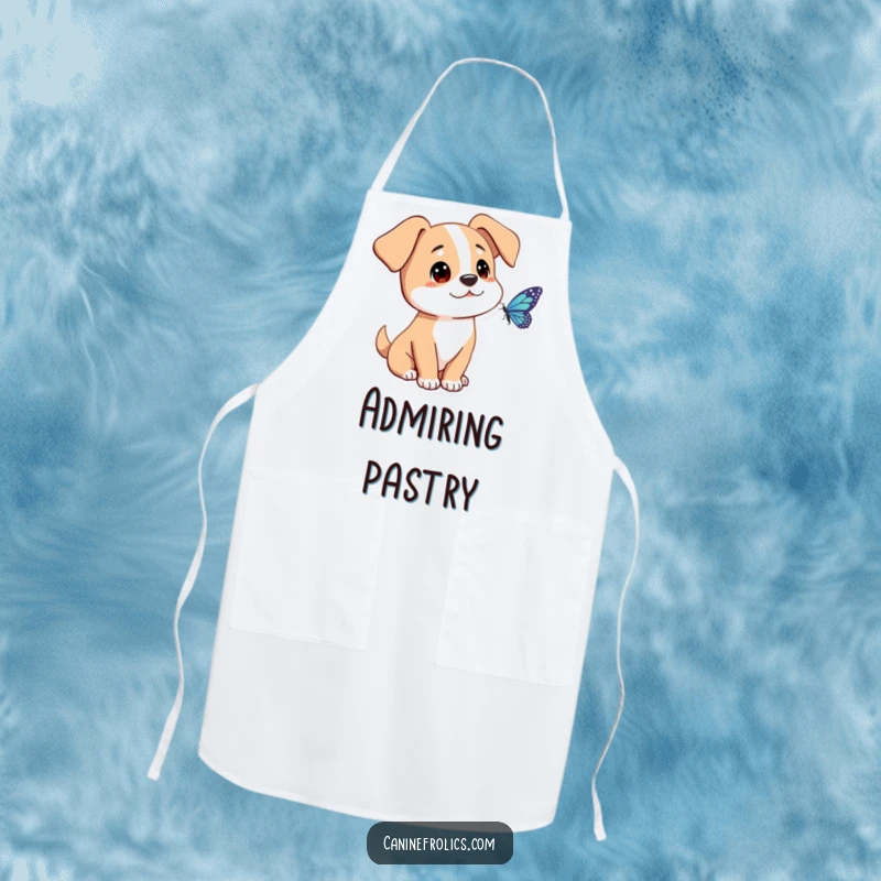 Funny dog apron with a character's ears forward, curiously looking at a butterfly, making cooking a calm and observational activity.