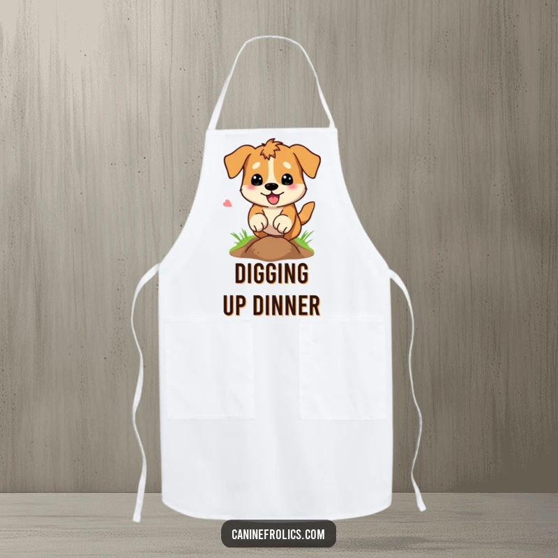 Funny Apron: A dog digs energetically, paws flying, ready to unearth delicious recipes with humorous intensity.