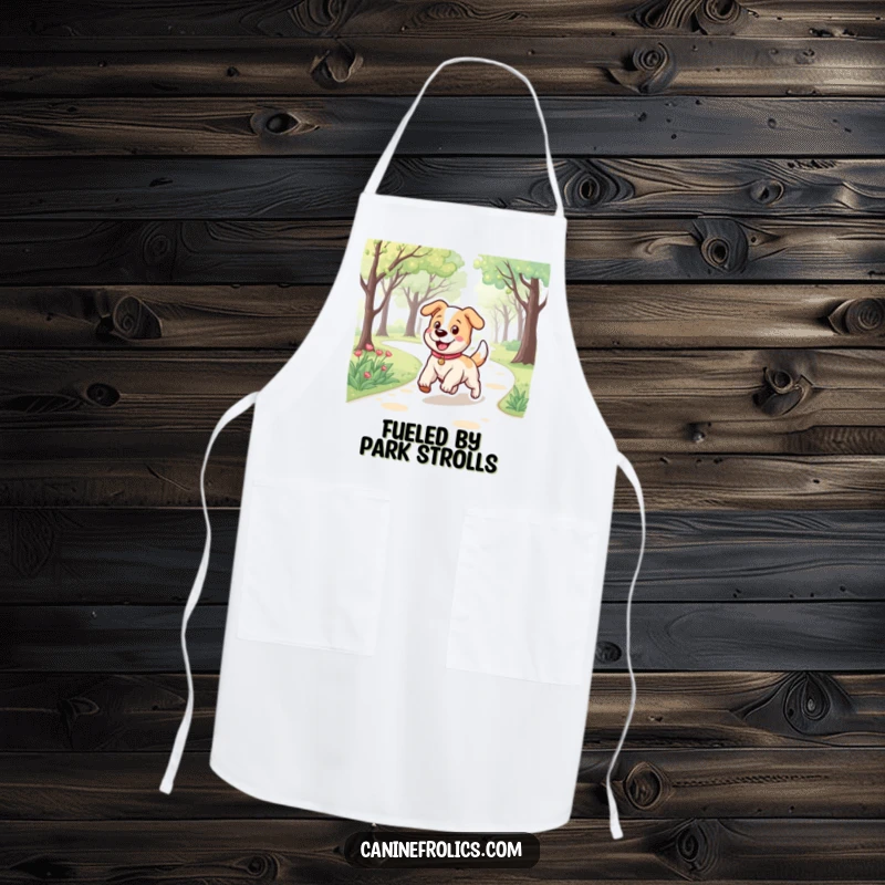 Funny apron featuring a dog character with a bouncy stride, happily trotting along a park path, perfect for kitchen fun.