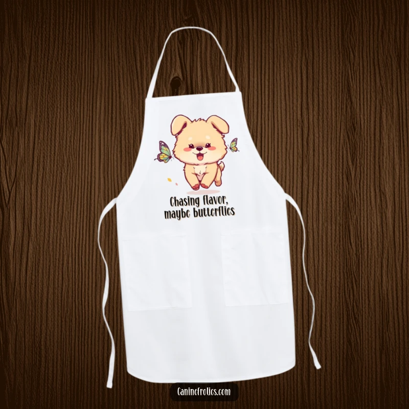 Funny Dog Apron: A fluffy dog with ears flopping energetically chases a butterfly, adding whimsical fun to cooking or baking tasks.