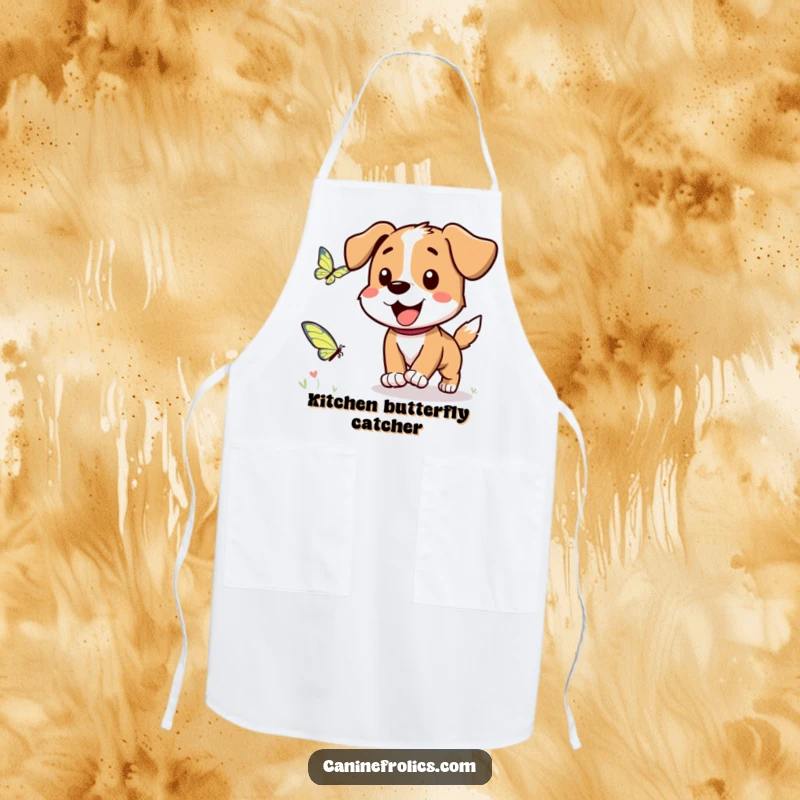 Funny Dog Apron: A dog character playfully chasing a fluttering butterfly, adding humor and charm to cooking.