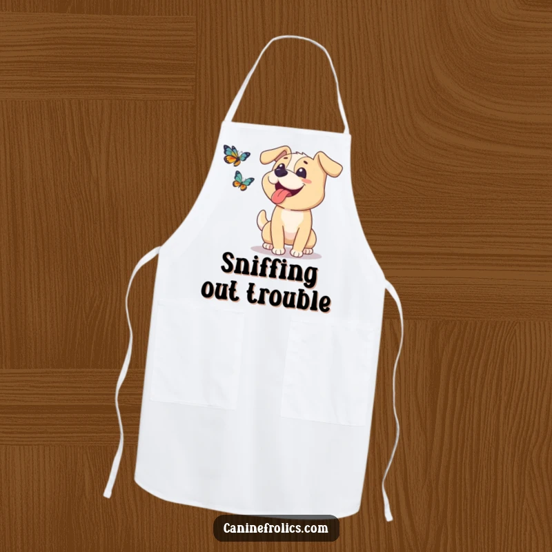 Funny dog apron featuring a happy dog with its tongue lolling out, playfully chasing a butterfly during kitchen activities.