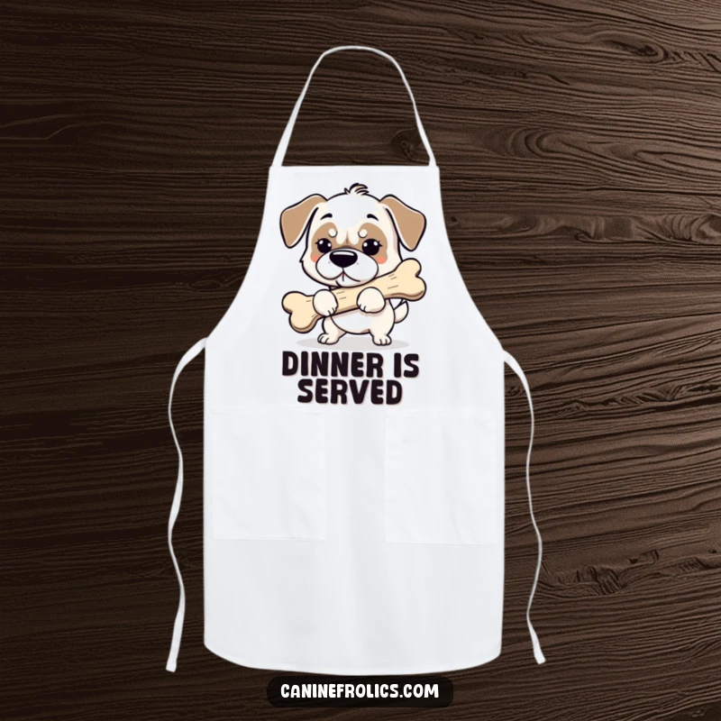 Funny dog apron showing a determined dog carrying a huge bone, perfect for cooking and bringing humor to the kitchen.