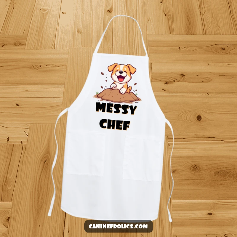Funny Apron: A comical dog digging with great enthusiasm, dirt playfully scattering, perfect for a messy but fun cooking session.
