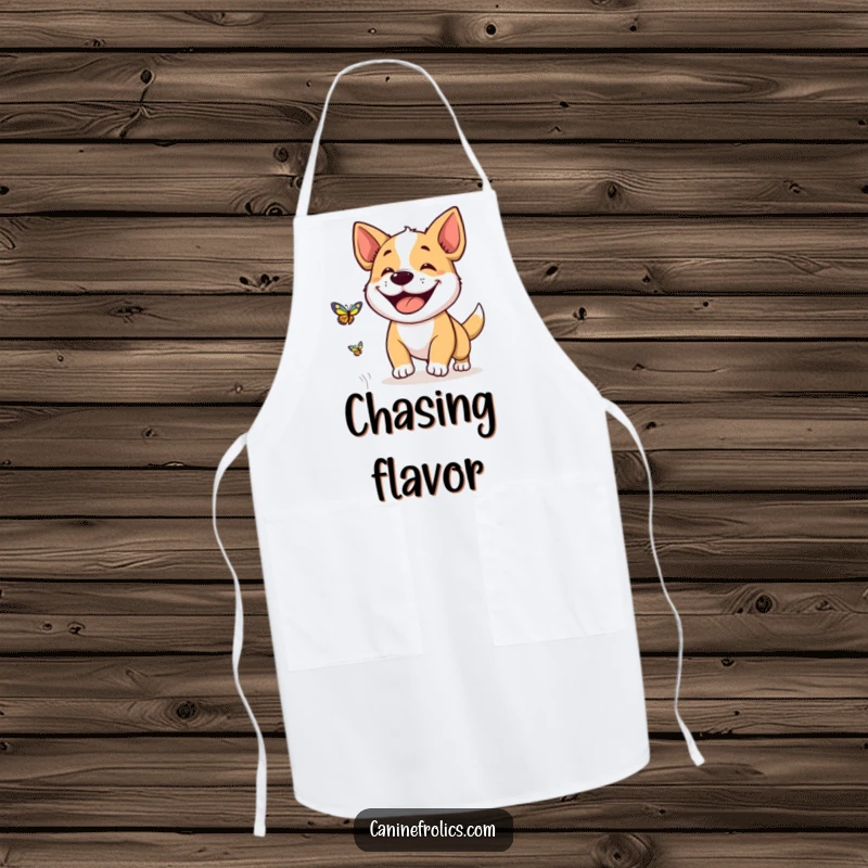 Funny apron featuring a dog with a huge, happy grin, enthusiastically chasing a butterfly, perfect for kitchen antics.