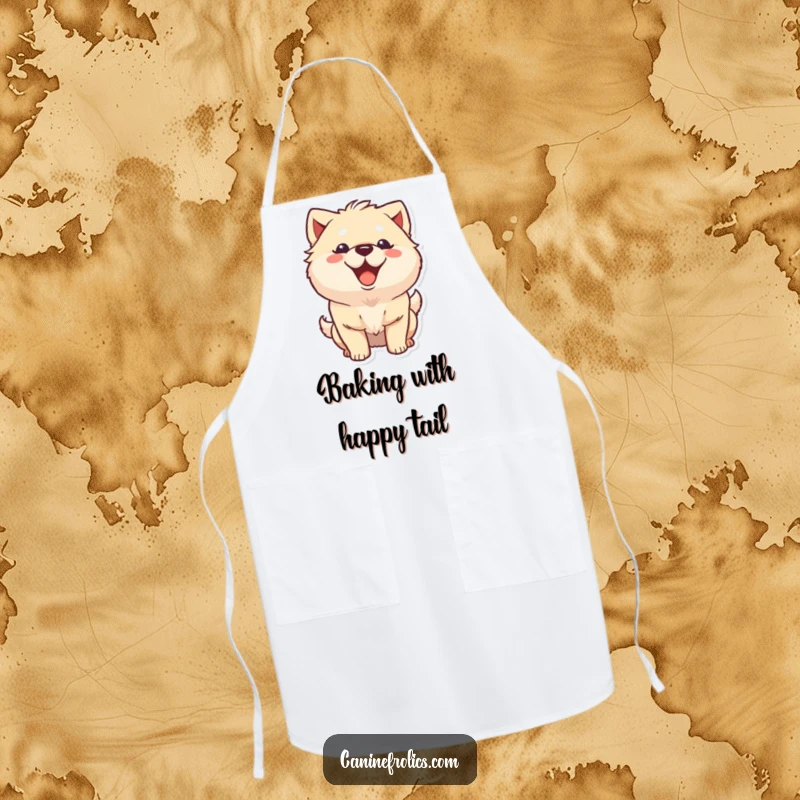 Funny fluffy dog apron showing a character with a big happy grin and wagging tail, making cooking a joyful and humorous experience.
