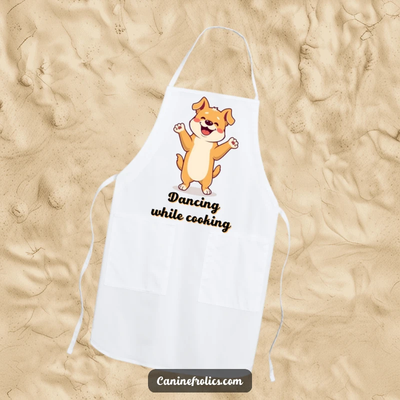 Funny Apron: A happy dog in a joyful dance pose, hind legs high and paws in the air, ready to cook up some fun.