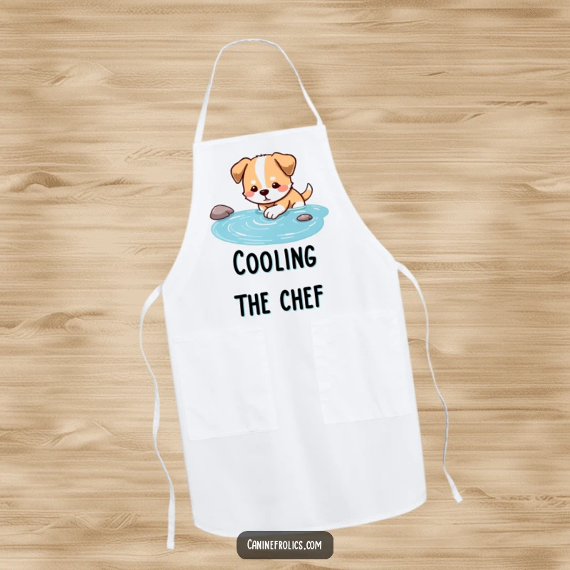 Funny dog apron depicting a dog dipping its paw into a stream, perfect for a calm kitchen.