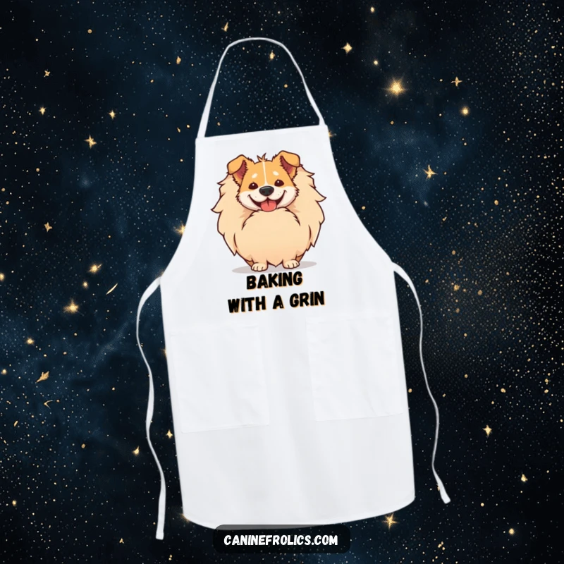 Funny apron with a dog's huge, comical smile peeking out from behind its giant, fluffy tail, adding kitchen cheer.