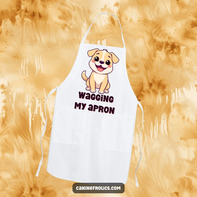 Funny apron featuring a happy dog with a wide, beaming grin and a playful tail wag, designed for kitchen antics.