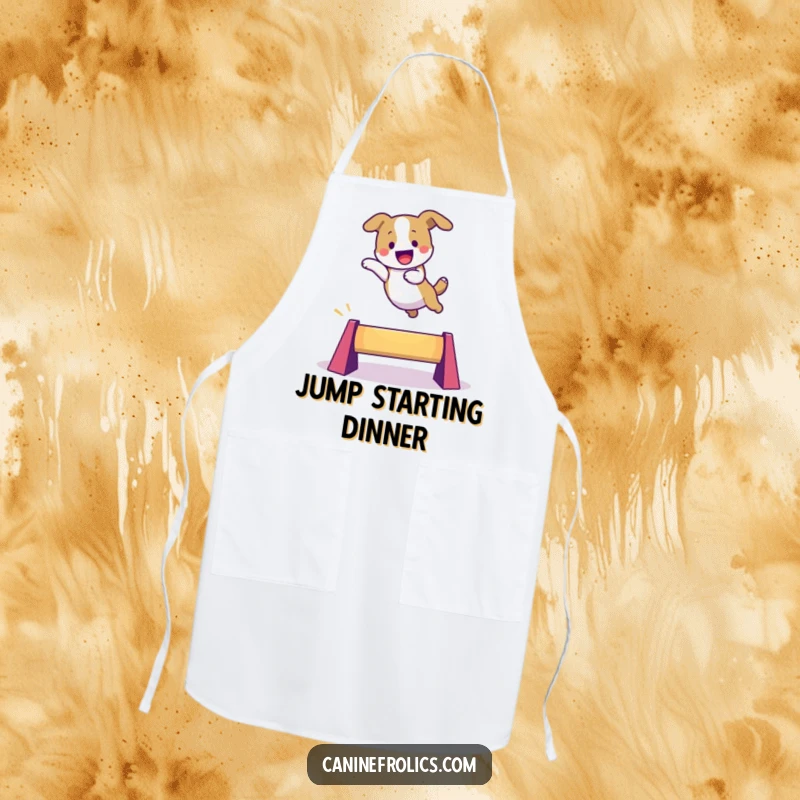 Funny dog apron with an excited character leaping over a colorful obstacle, making kitchen tasks fun and spirited for chefs.