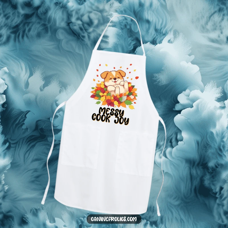 Funny apron showcasing a dog happily rolling in a pile of colorful autumn leaves, bringing playful seasonal cheer to kitchen tasks.