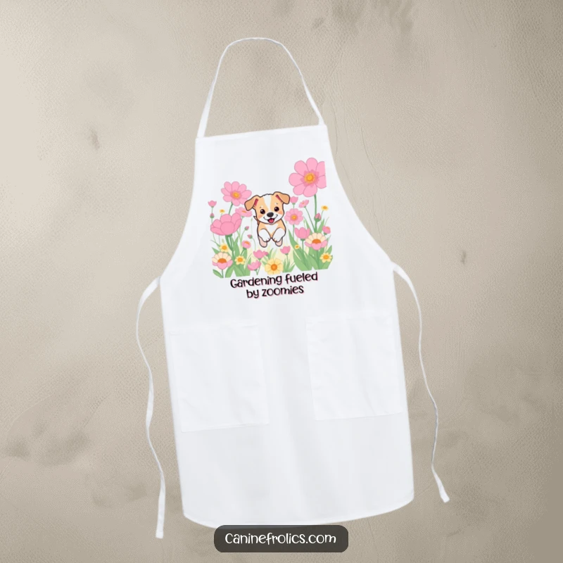Funny apron showing a small dog puppy exuberantly running through a field of massive, colorful flowers, adding a playful touch to kitchen duties.