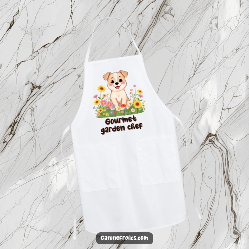 Funny Dog Apron: A smiling dog character among colorful wildflowers, adding a peaceful and humorous touch to cooking.