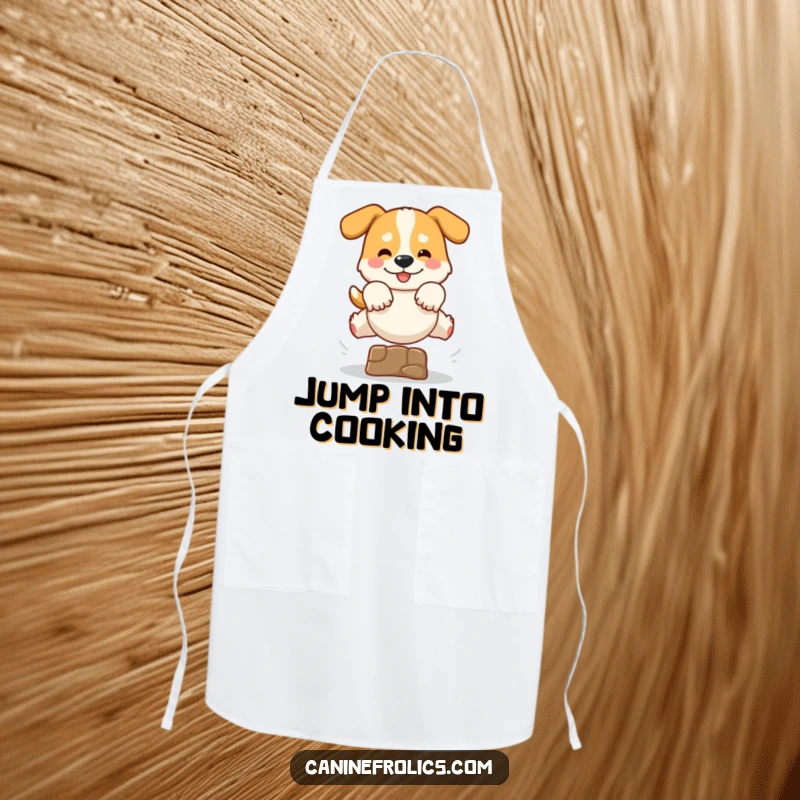 Funny apron with an illustration of a dog leaping energetically over a small barrier, paws forward, celebrating kitchen creativity with humor.