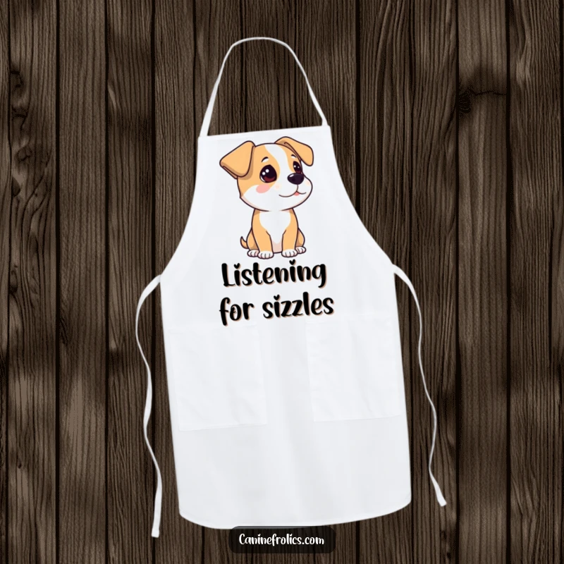 Funny Apron: A dog with its ears perked high, listening intently, ready for instructions. A humorous and practical kitchen item.