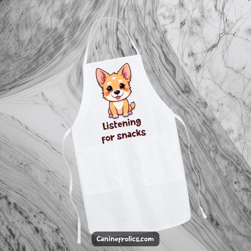 Funny apron featuring a curious canine character with ears perked, looking playful, perfect for adding humor to cooking.