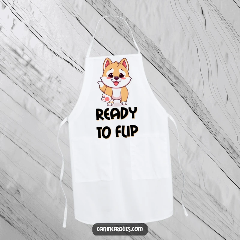 Funny apron with a dog in a playful, pounce-ready pose, paws extended for action in the kitchen.
