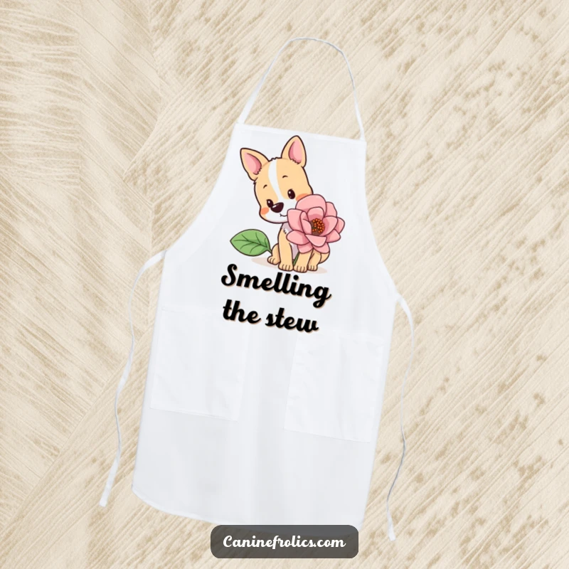 Funny apron showing a dog with a curious head tilt, sniffing a giant flower, perfect for kitchen or garden adventures.