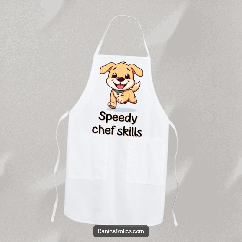 Funny apron with a dog character running with a happy grin and ears trailing, perfect for adding cheer to the kitchen.