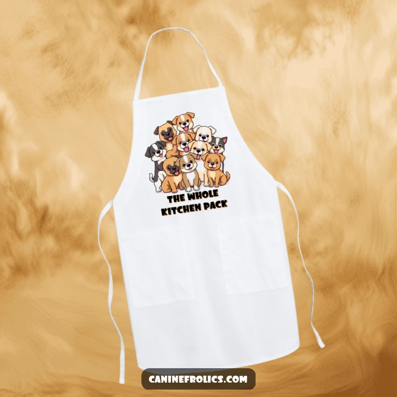 Funny dog apron featuring a variety of dog breeds playing together, adding humor to kitchen activities.