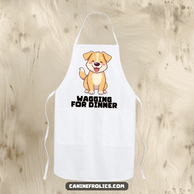 Funny apron featuring a dog whose tail wagging causes its entire body to wiggle with pure joy, perfect for kitchen fun.