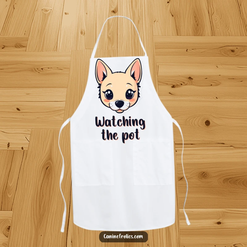 Funny apron with a stylized dog head design, featuring wide, sparkling eyes and perky ears, perfect for adding cheer to the kitchen.