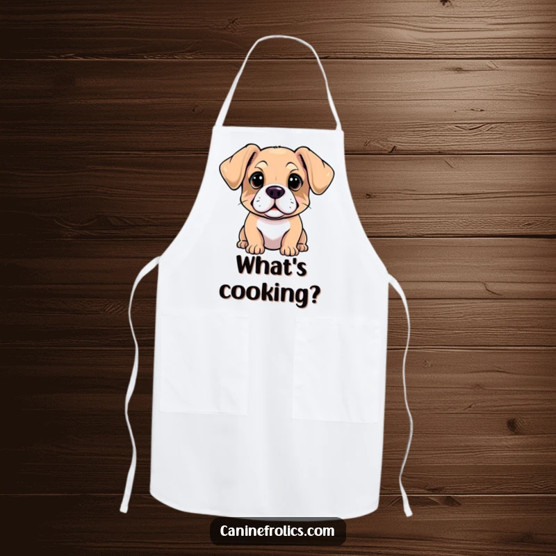 Funny apron showing a dog with ears flopped forward, looking intently, ready to assist in the kitchen with a curious demeanor.