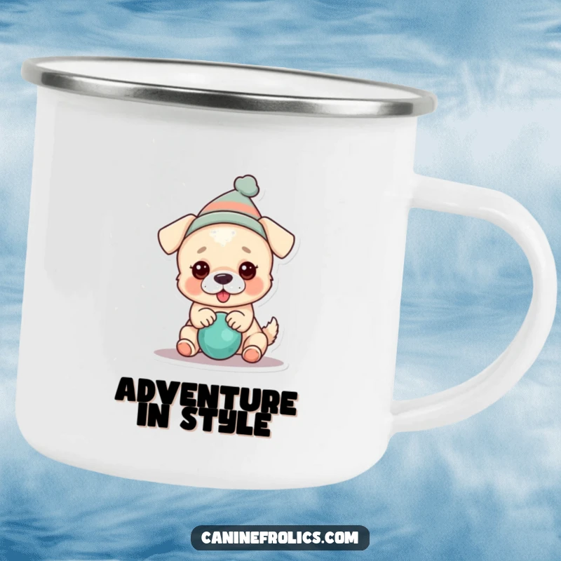Funny dog camping mug showing a dog in a hat playing with a squeaky toy, perfect for outdoor fun.