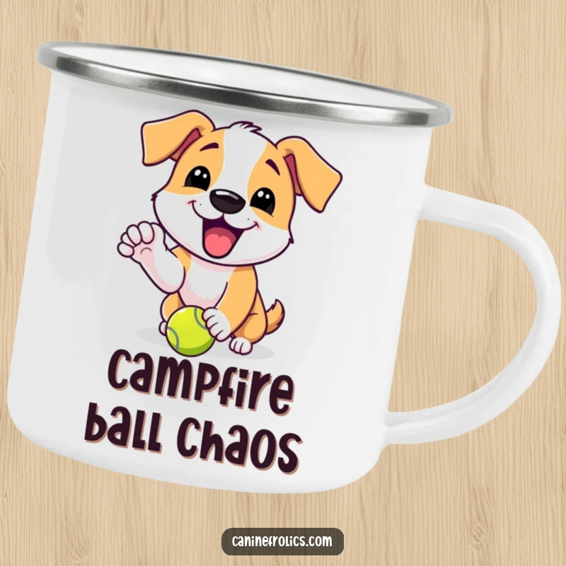 Funny camping mug with a dog character's excited yip, playfully nudging a tennis ball, perfect for adventure.