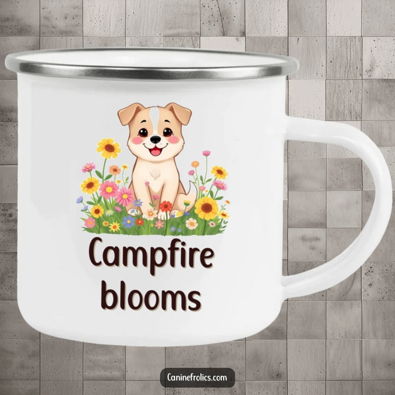 Funny Dog Camping Mug: A smiling dog character amongst wildflowers, perfect for adding a touch of calm to outdoor adventures.