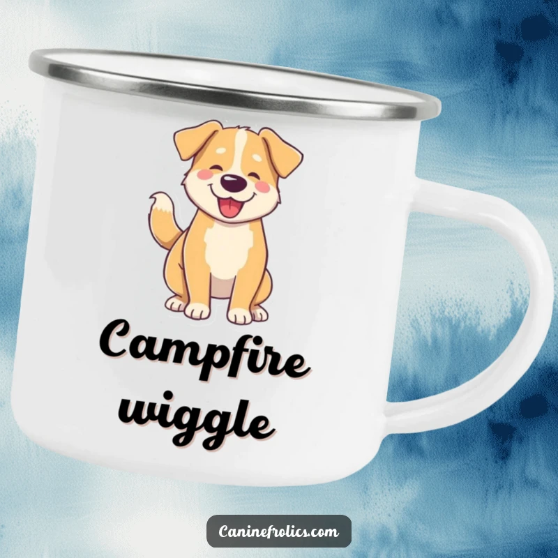 Funny camping mug with a dog whose tail wagging causes its entire body to shake with pure, unadulterated excitement and joy.