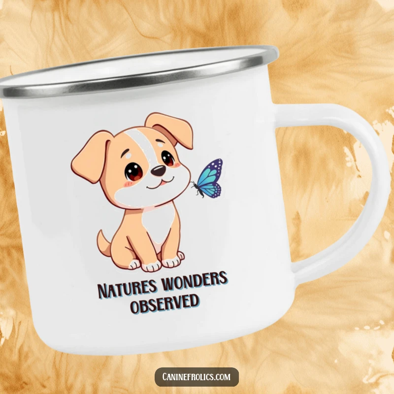 Funny dog camping mug featuring a character with ears forward, curiously looking at a butterfly, ideal for enjoying drinks during outdoor adventures.