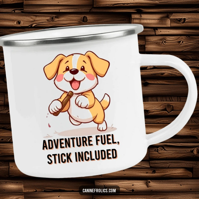 Funny enamel camping mug with a dog mid-fetch, perfect for outdoor enthusiasts who love humor.