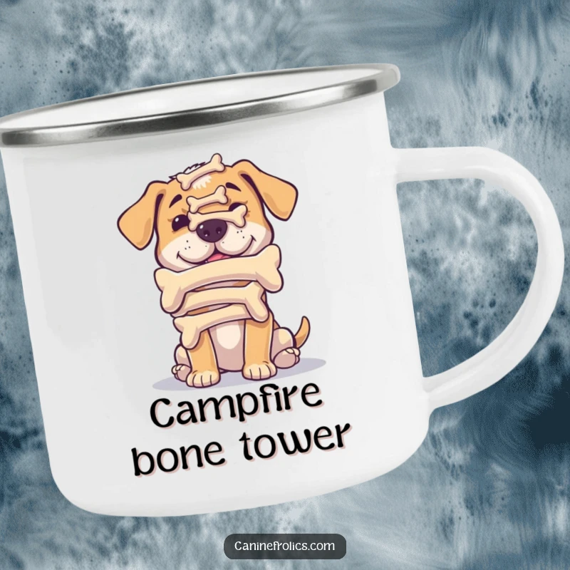 Funny camping mug featuring a dog humorously balancing a stack of bones on its nose, ready for outdoor fun.