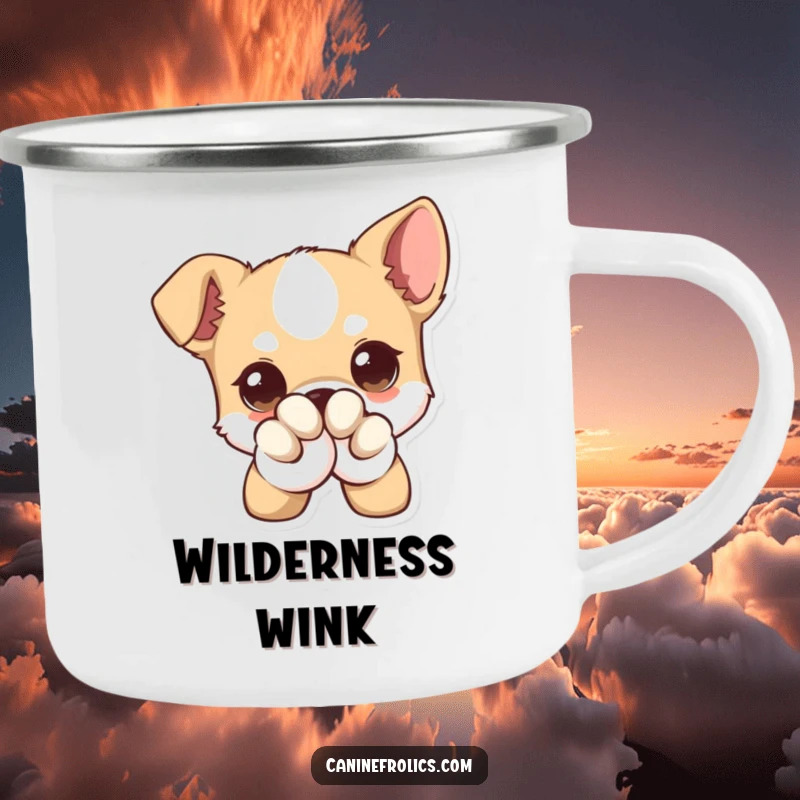 Funny Camping Mug, featuring a dog with oversized eyes giving a knowing wink, perfect for sipping coffee around the campfire.