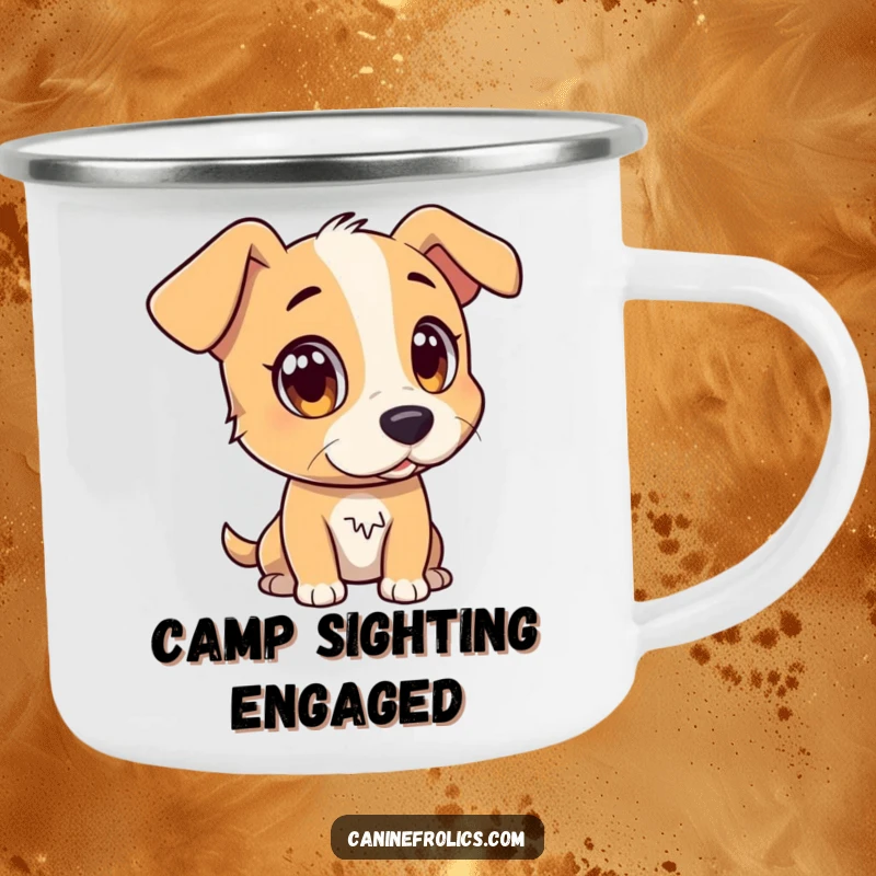Funny camping mug with a dog character's wide, attentive eyes, watching a distant, interesting object, perfect for adventures.