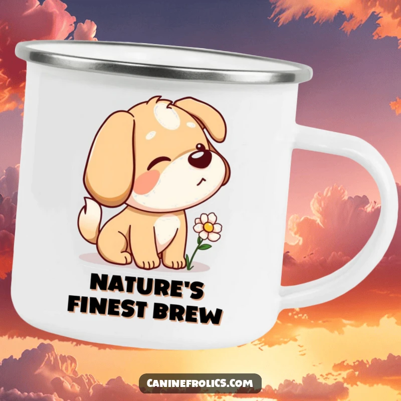 Funny camping mug with a dog character curiously sniffing a flower, tail wagging, perfect for outdoor exploration.