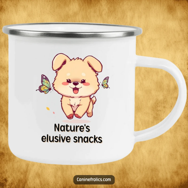 Funny Dog Camping Mug: A fluffy dog with ears flopping energetically chases a butterfly, ideal for campers and nature lovers.