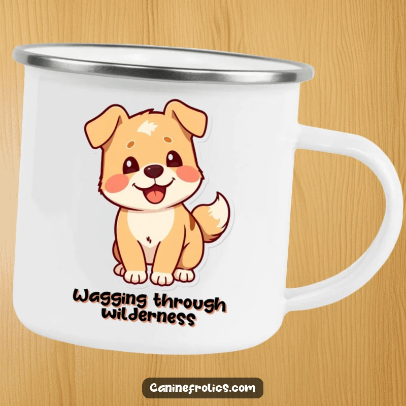 Funny Dog Camping Mug: A stylized tail wag illustration representing pure delight, perfect for adventurous souls.