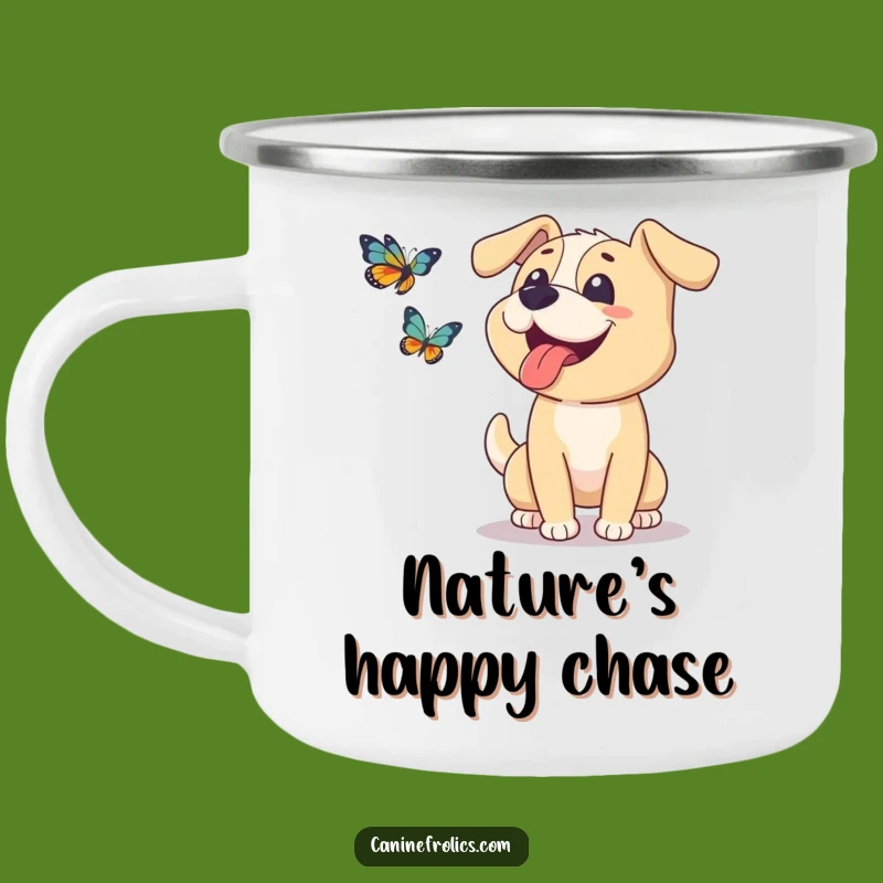 Funny Dog Camping Mug: Tongue Out Pup Chase, Durable and Hilarious Outdoor Gift