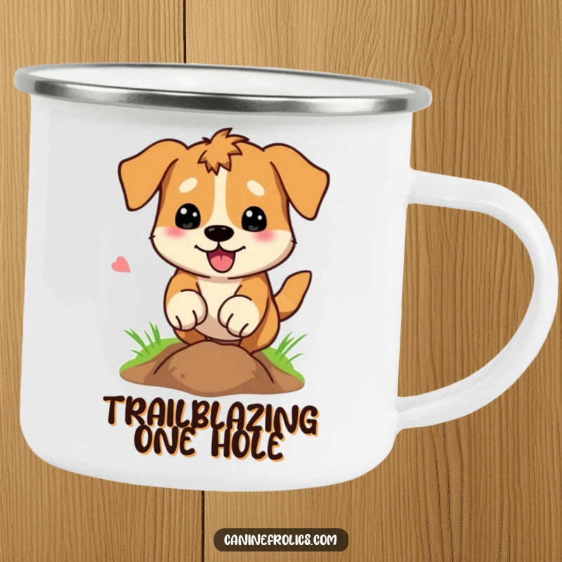 Funny Camping Mug: A dog digs furiously, paws flying, ready for adventure and a hot drink under the open sky.