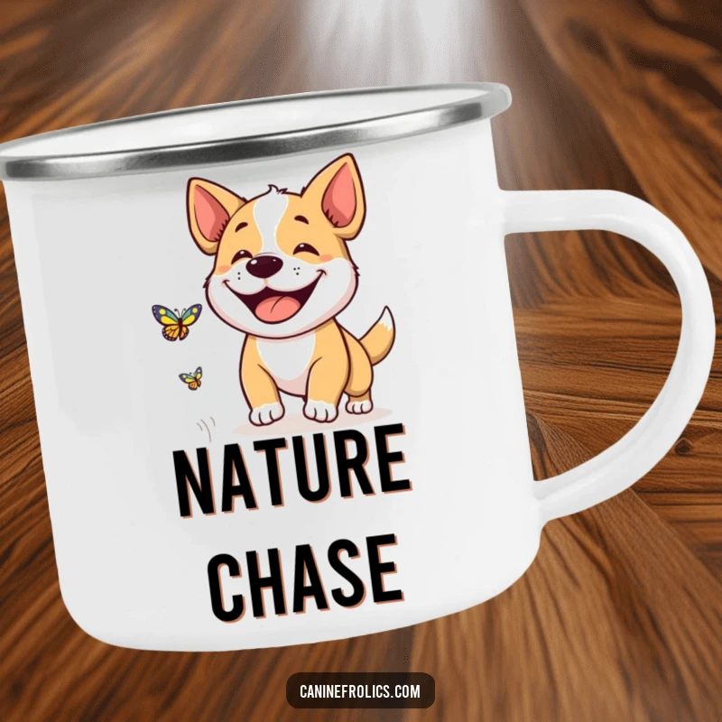 Funny camping mug with a dog sporting a massive grin, happily chasing a butterfly, perfect for outdoor adventures and cheerful mornings.