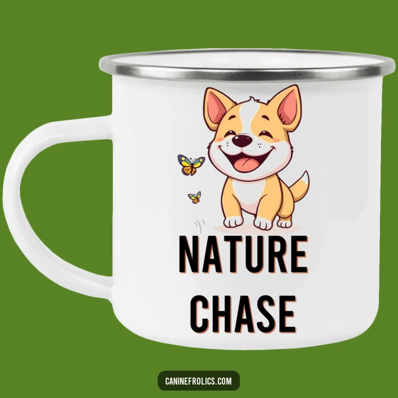 Funny Dog Grin Camping Mug: Adventure Butterfly Chase Art, Rugged & Funny Gift