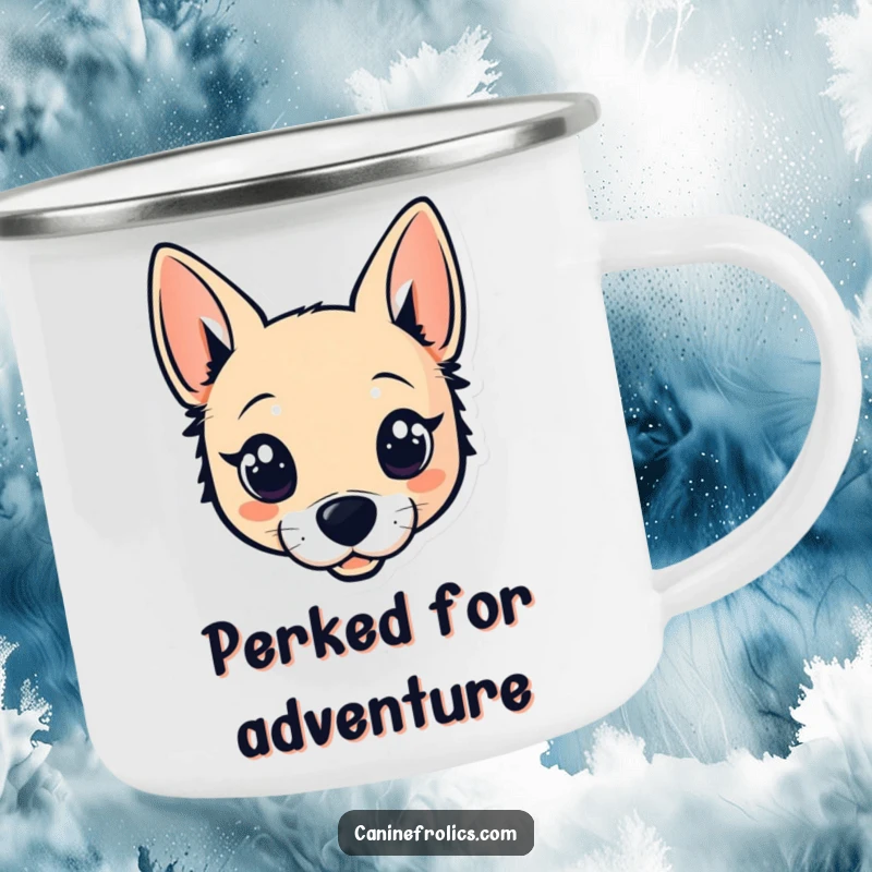 Funny camping mug with a stylized dog head design, its wide, sparkling eyes and perky ears ready for any adventure.