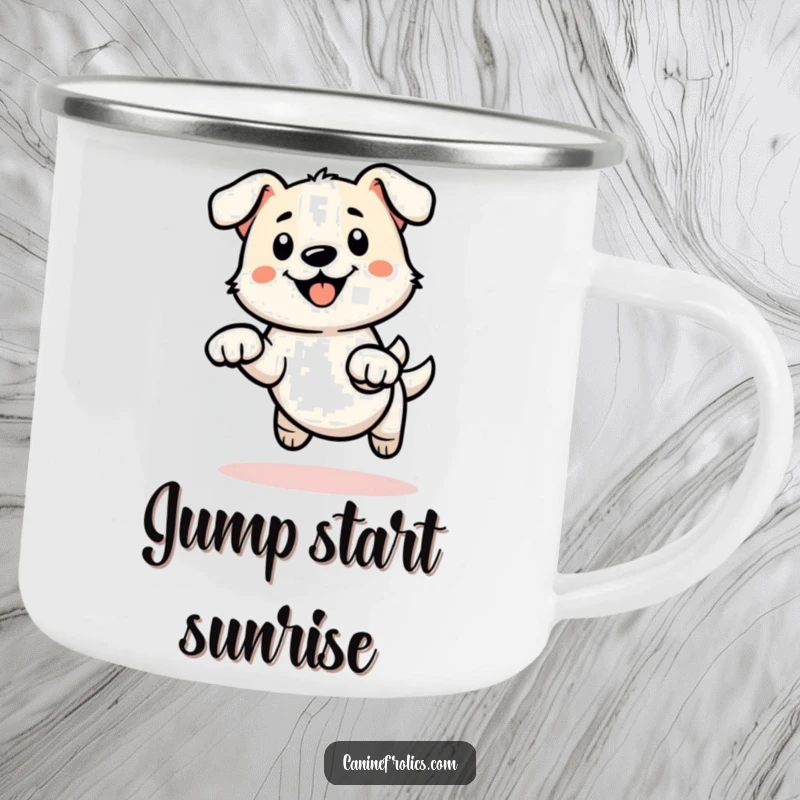 Funny camping mug with a simplified dog outline in a dynamic mid-leap pose, energetic paws ready for any adventure.